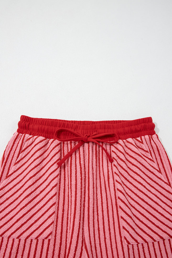 Rose Stripe Crew Neck Tee Drawstring Waist Cropped Pants Set
