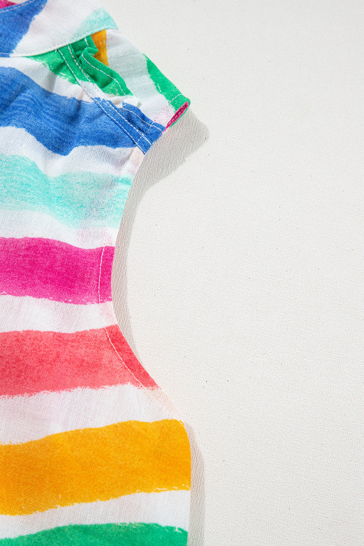 rainbow stripes ruffled hem drawstring v neck tank top