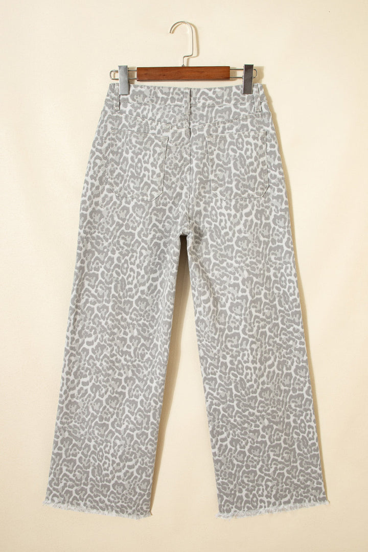 Gray Leopard Frayed Edge Wide Leg High Waist Jeans