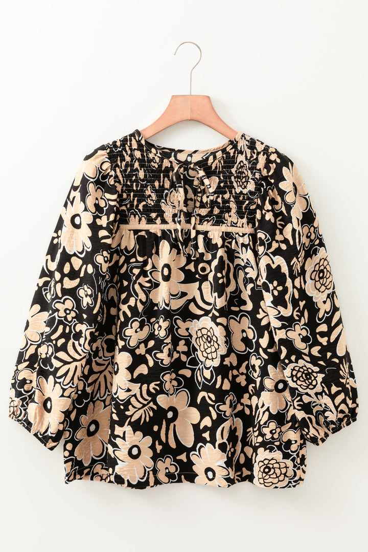 Floral Shirred Yoke Bracelet Sleeve Split Neck Boho Blouse