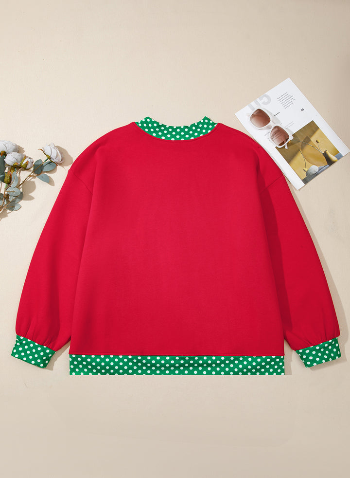 Racing Red Polka Dot Patchwork Round Neck Plus Size Sweatshirt