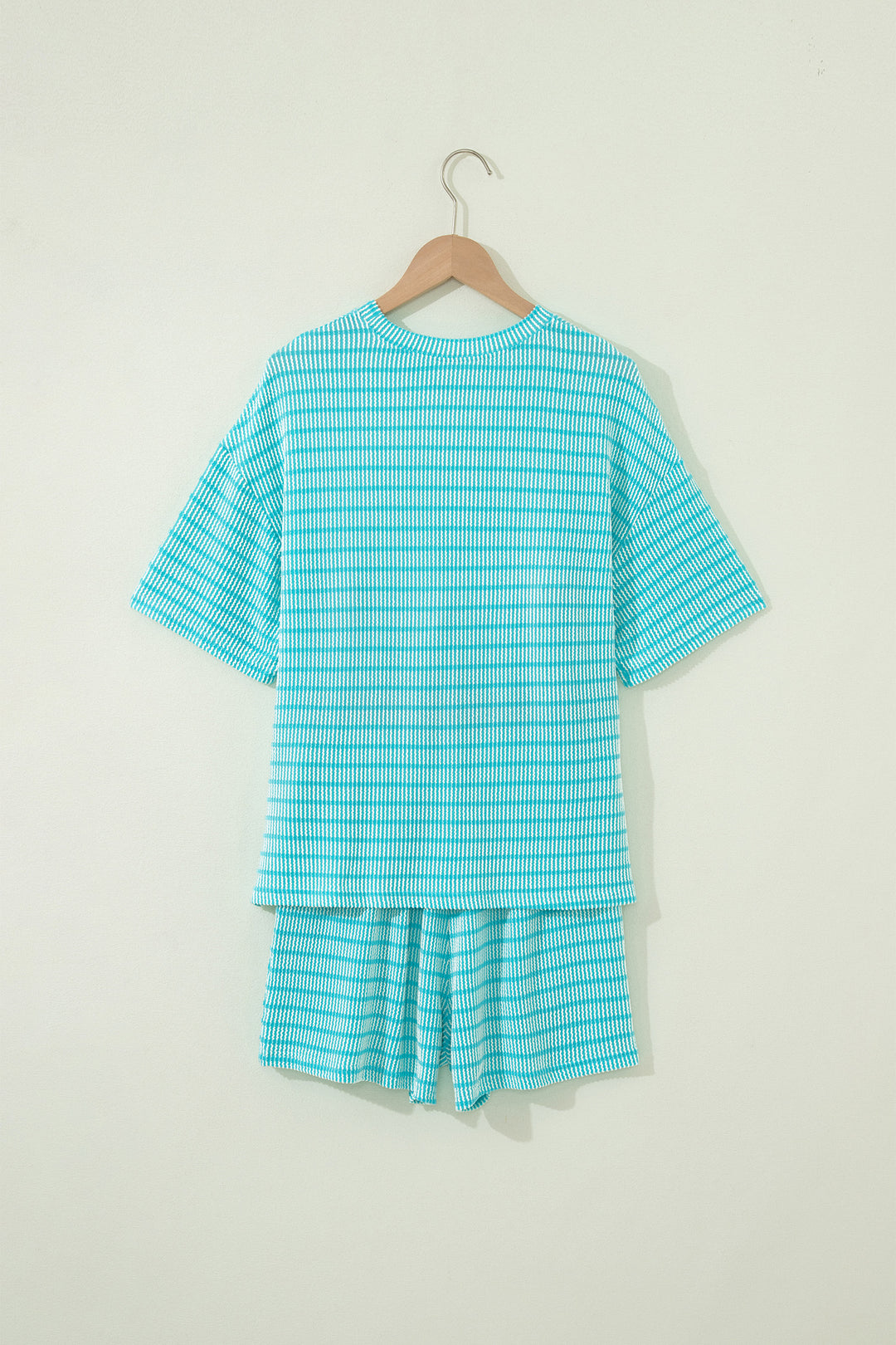 Sky Blue Stripe Raised Rib Loose Tee Drawstring Elastic Waist 2pcs Short Set
