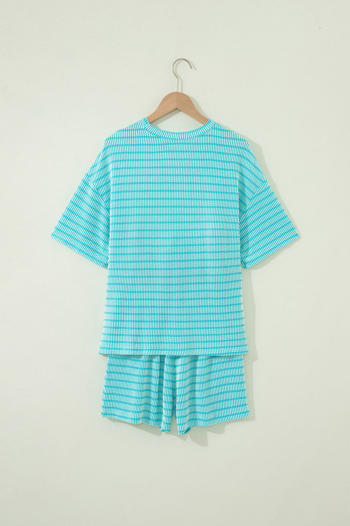 Sky Blue Stripe Raised Rib Loose Tee Drawstring Elastic Waist 2pcs Short Set