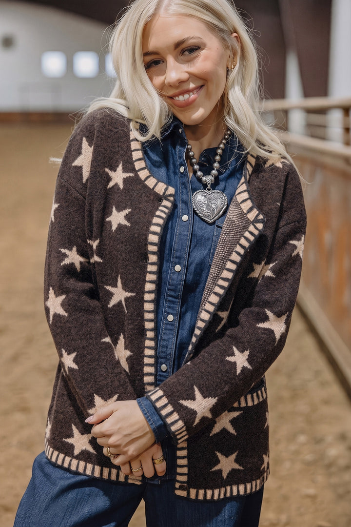 Brown Stars Pattern Colorblock Long Sleeve Shift Wool Cardigan
