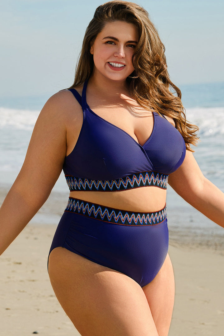 Embroidered Trim Wrap Tie Knot Plus Size High Waisted Bikini