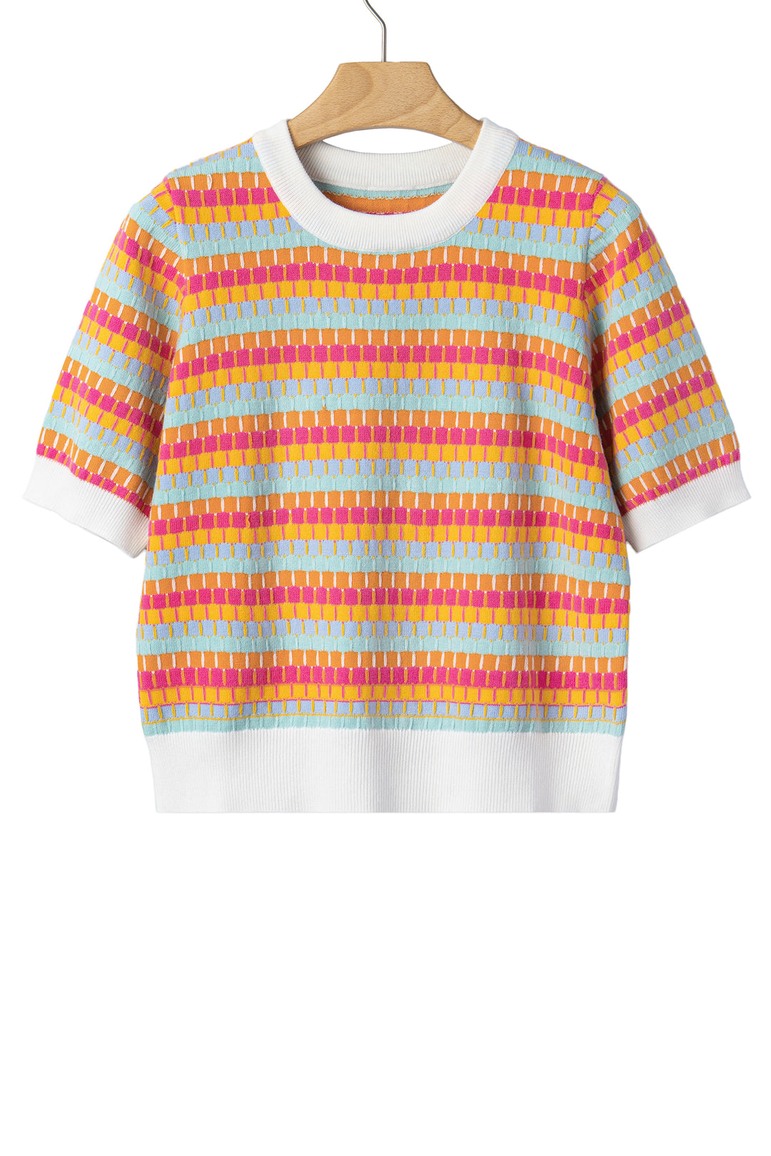 Orange Abstract Striped Knit Short Sleeve Sweater