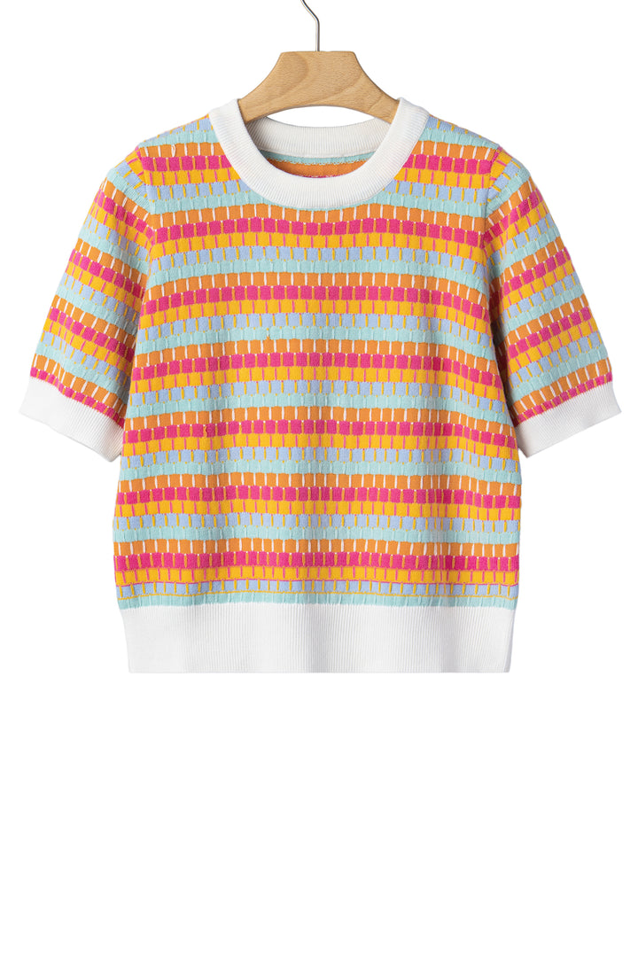 Orange Abstract Striped Knit Short Sleeve Sweater
