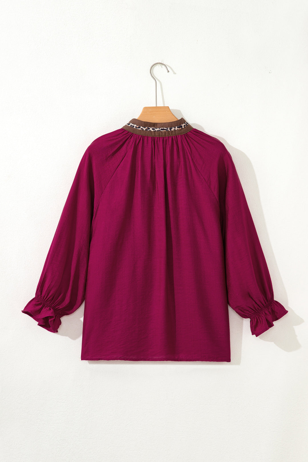 Leopard Trim V Neck Flounced Bracelet Sleeve Blouse