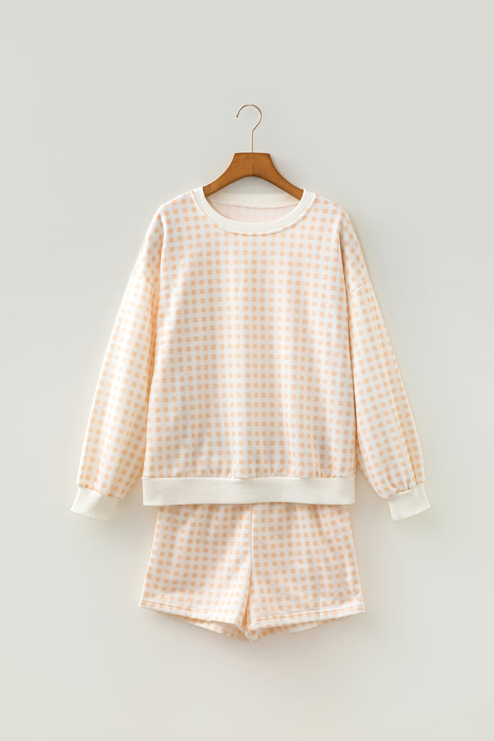 Yellow Plaid Baggy Pullover Drawstring Casual Shorts 2pcs Outfit
