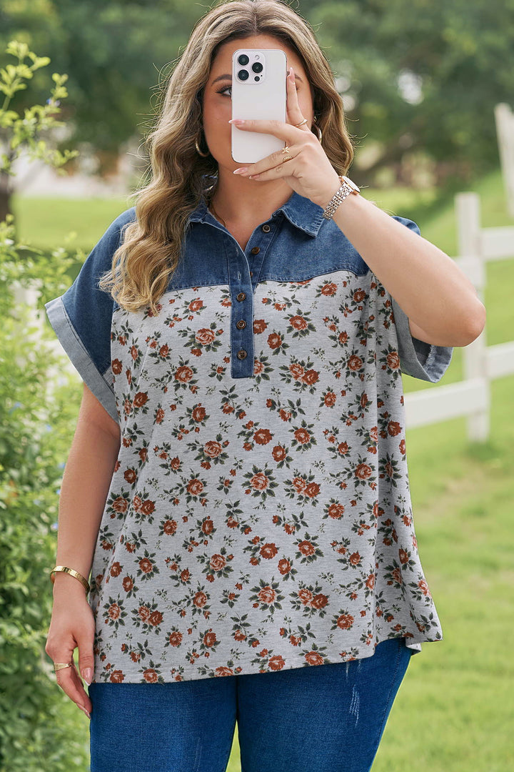 Gray Retro Floral Print Denim Patchwork Plus Size Polo Tee