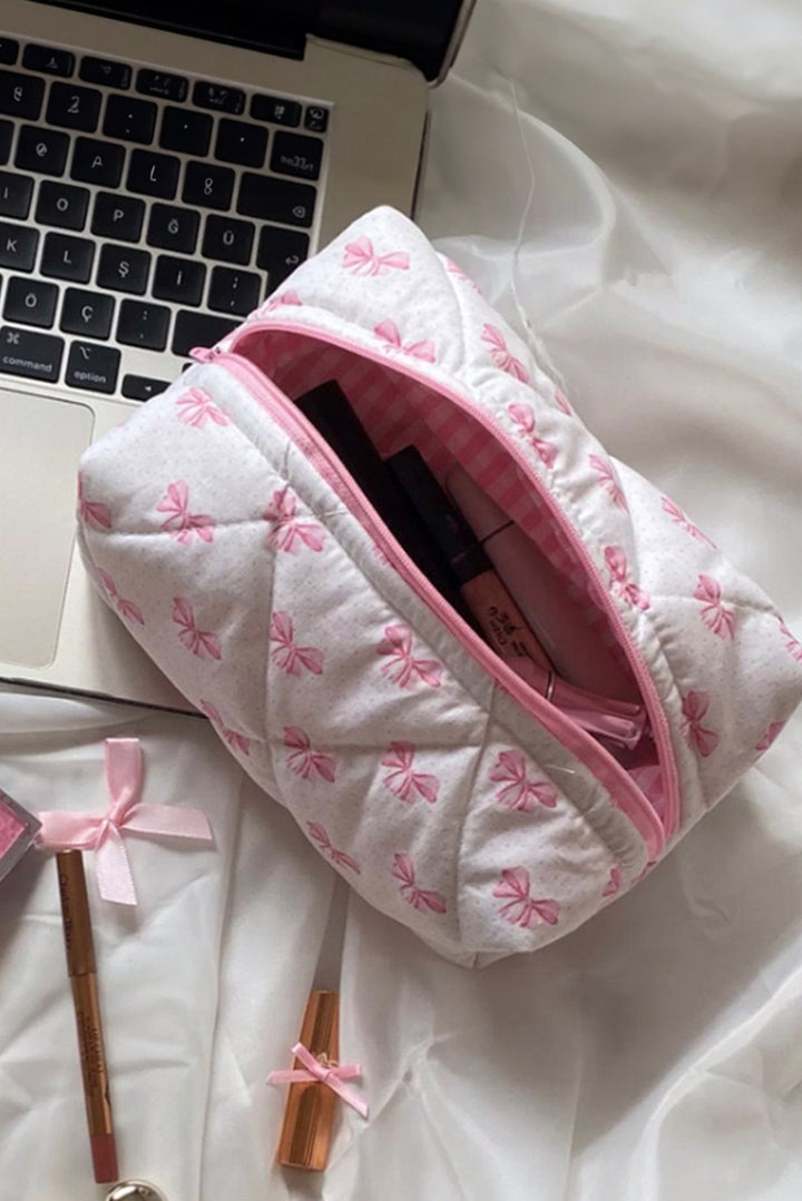 Bow Knot Quilted Zipper Makeup Bag