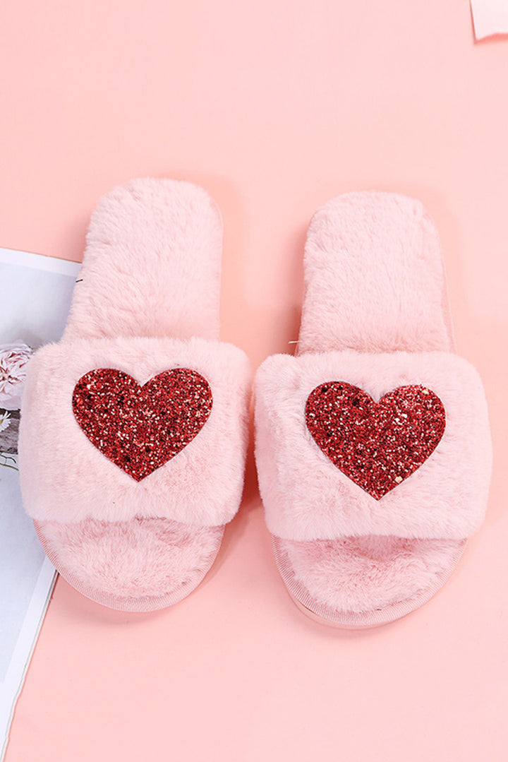 Sequin Heart Shaped Slip On Plush Slippers