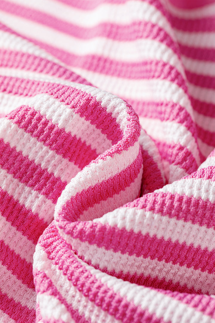 Pink Stripe Textured Knit Trim Split Hem Long Sleeve Top