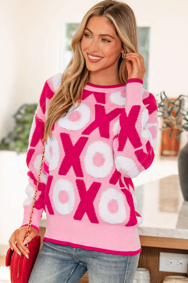XOXO Pattern Drop Shoulder Crewneck Valentines Sweater