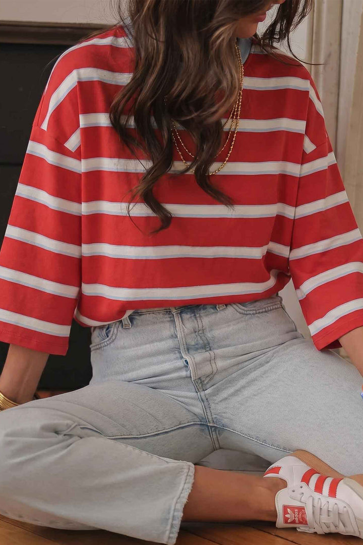 Racing Red Striped Bow Tie Hollowed Back 7/8 Sleeve Casual T-Shirt