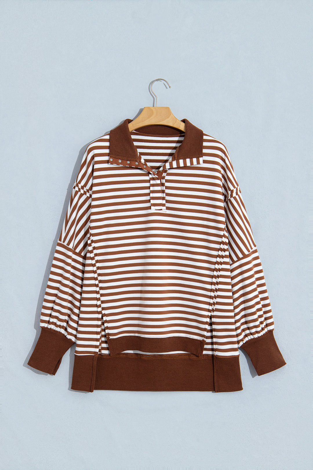 Brown Stripe Color Block Trim Raw Seam Split Hem Loose Pullover Sweatshirt