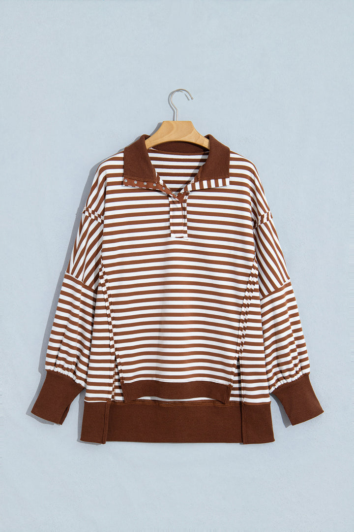 Brown Stripe Color Block Trim Raw Seam Split Hem Loose Pullover Sweatshirt