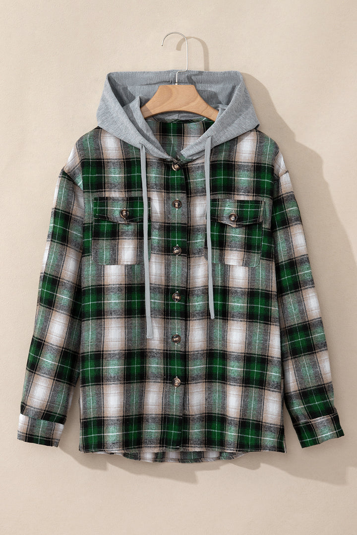 Veste à capuche boutonnée avec poche poitrine et imprimé écossais