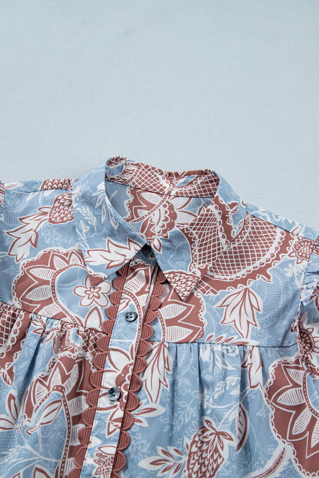 Sky Blue Boho Floral Print Short Sleeve Shirt