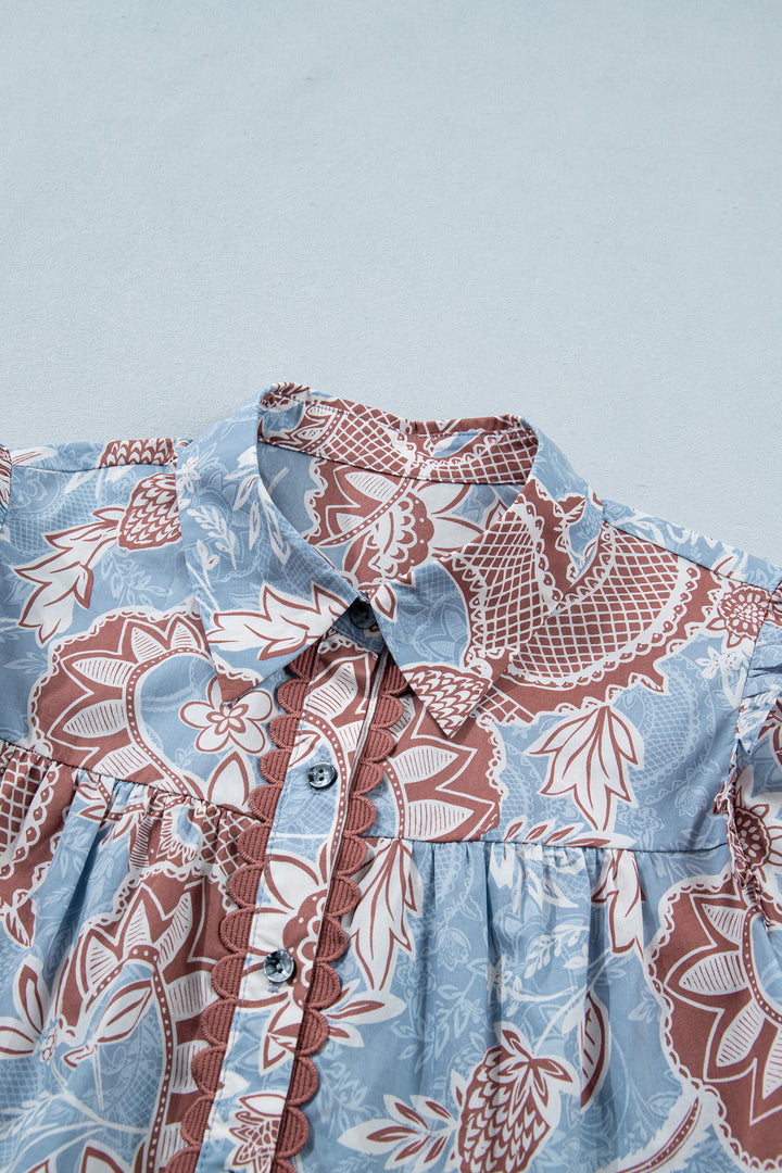 Sky Blue Boho Floral Print Short Sleeve Shirt