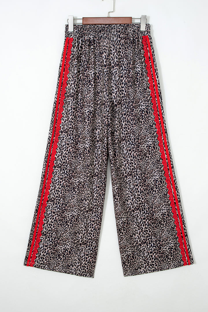 Brown Wild Leopard Print Contrast Lace Striped Detail Drawstring Pants