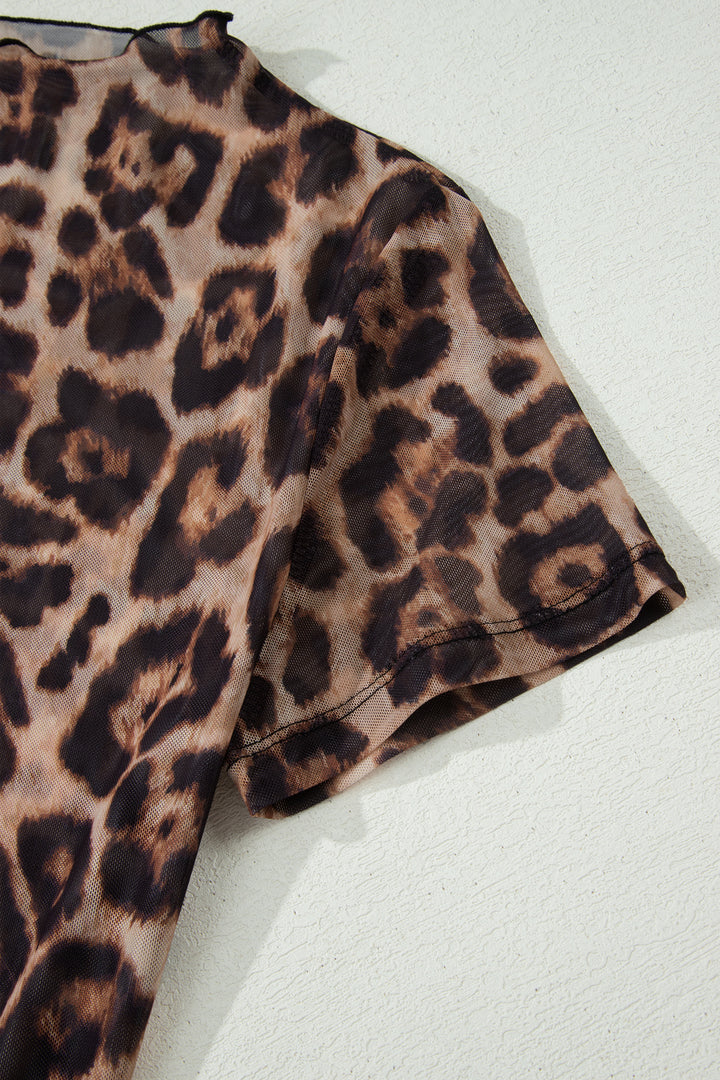 Camel Leopard Printed Mesh Short Sleeve Top