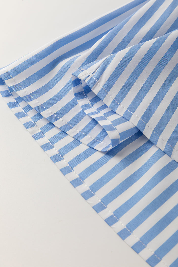 Sky Blue Stripe Shirt Collar V Neck Ricrac Trim 3/4 Puff Sleeve Blouse