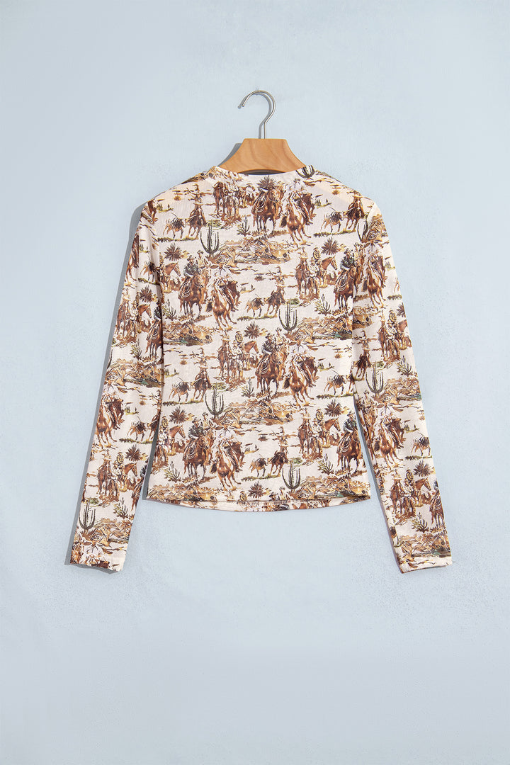 Brown Western Cowboy Floral Print Sheer Mesh Long Sleeve Top