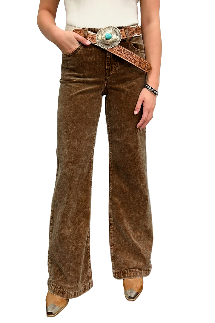 Camel Straight Leg Corduroy Metal Button Zip-up Pants