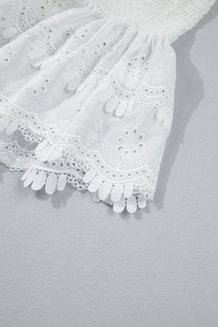 Chic White Sleeveless Smocked Lace Peplum Top