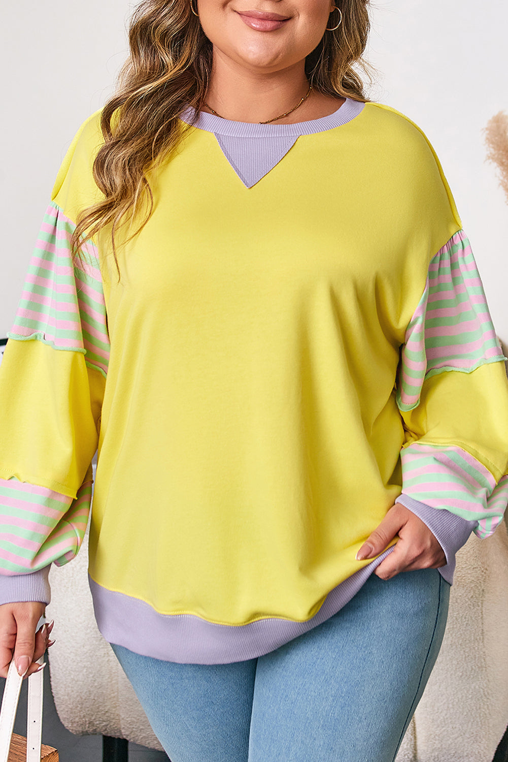 Yellow Striped Color Block Patchwork Crewneck Plus Size Pullover Sweatshirt