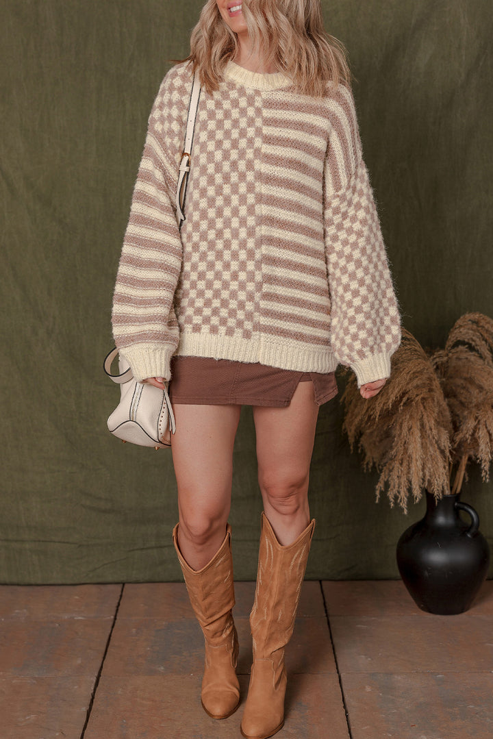 Checkerboard Drop Shoulder Balloon Sleeve Sweater