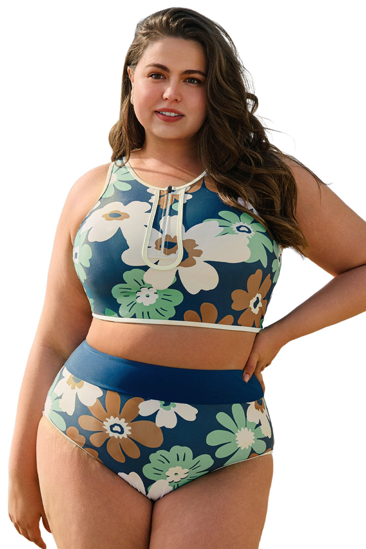 Floral Printed Zipped Plus Size Two Pieces Bikini