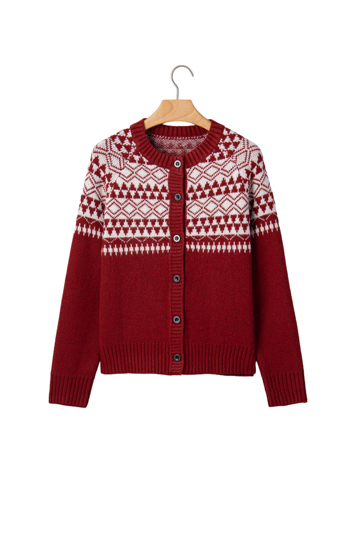 Red Geometric Print Button Front Long Sleeve Knitwear Cardigan