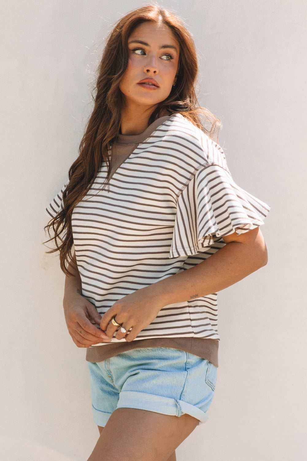 contrast detail striped ruffle short sleeve top