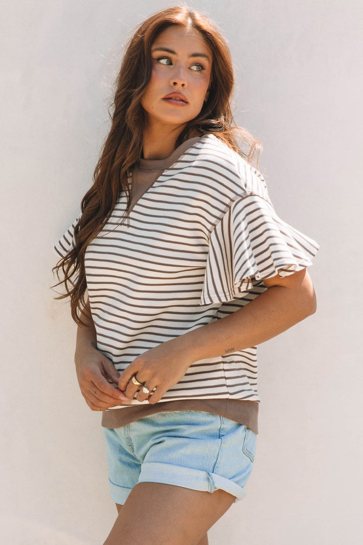 contrast detail striped ruffle short sleeve top