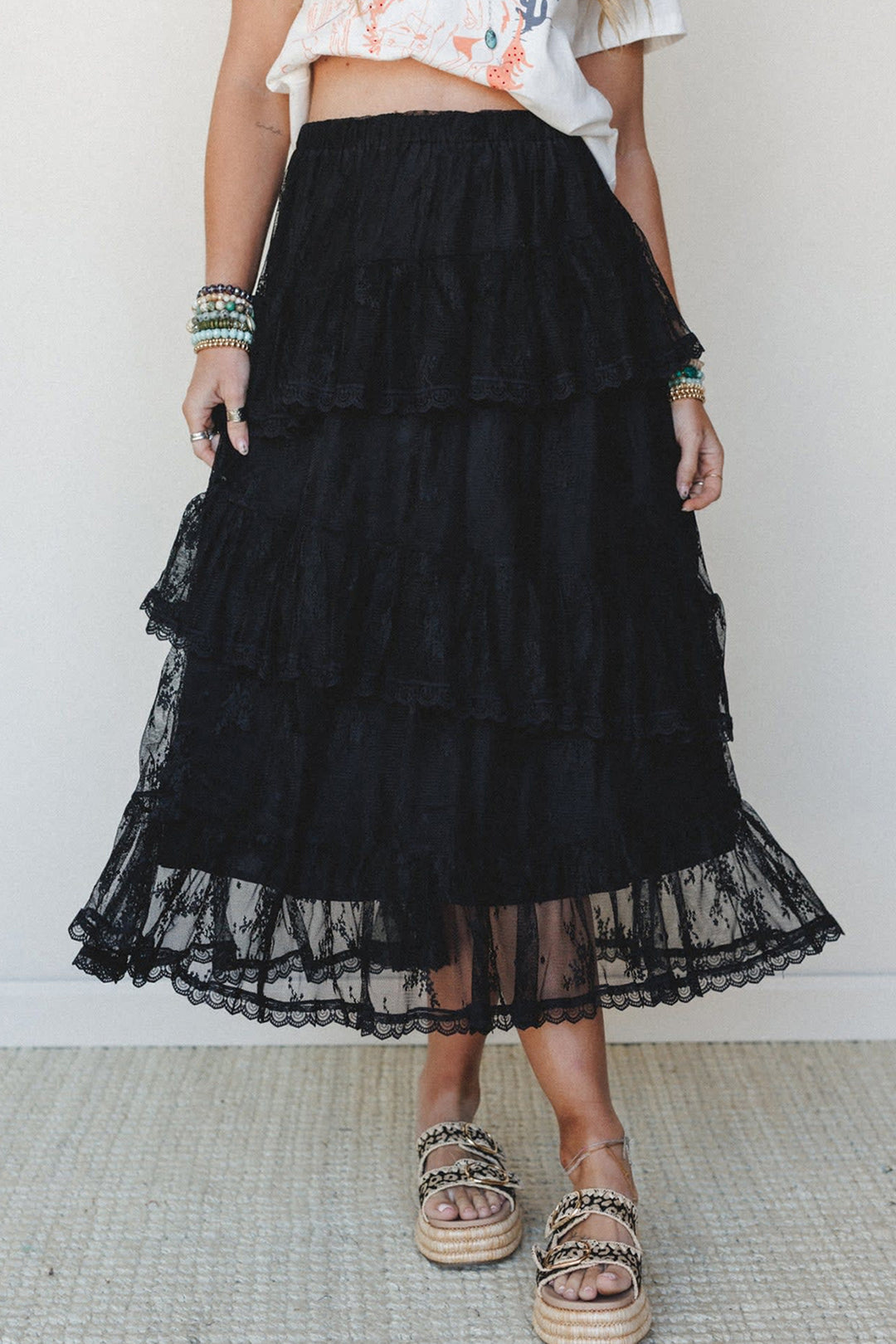 Chic Black Elegant Ruffle Lace Tiered Skirt