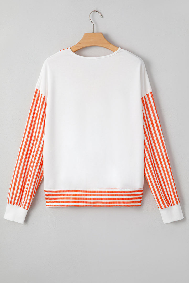 Orange Stripe  V Neck Drop Shoulder Patchwork Long Sleeve Top