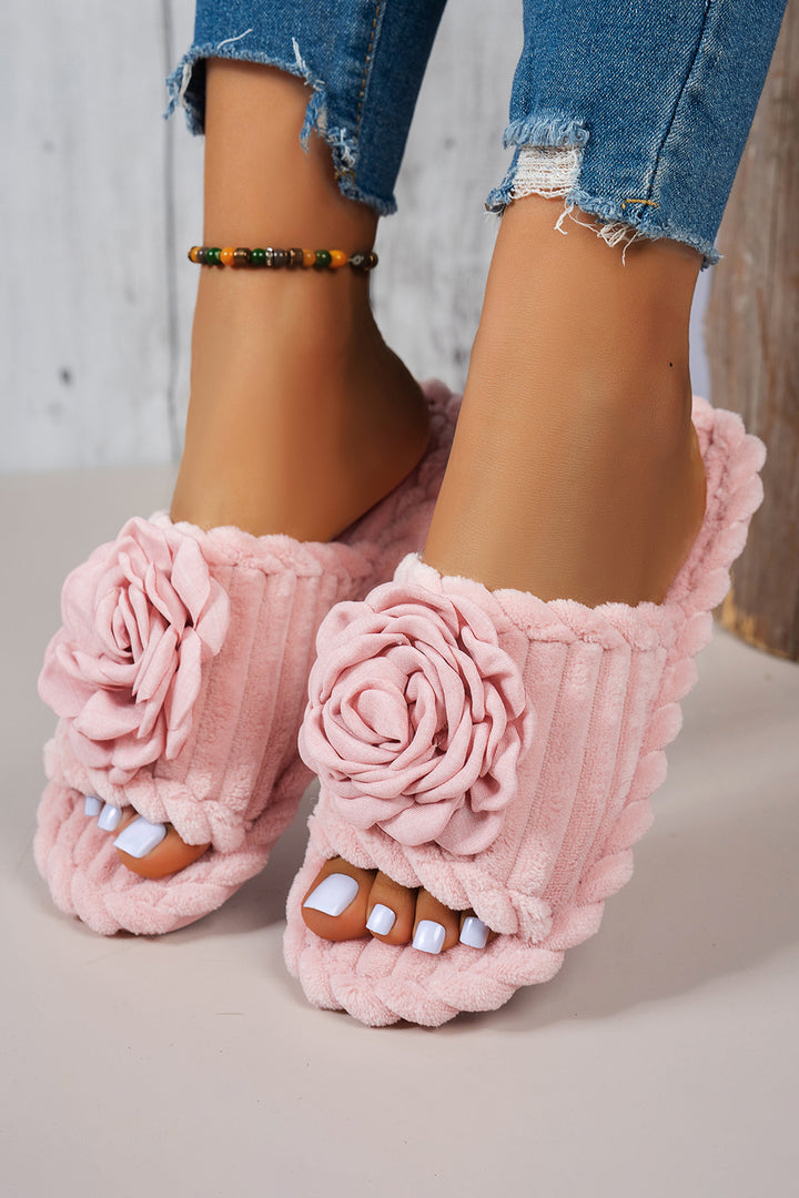 Solid Color 3D Flower Accent Corded Ribbed Open Toe Slippers
