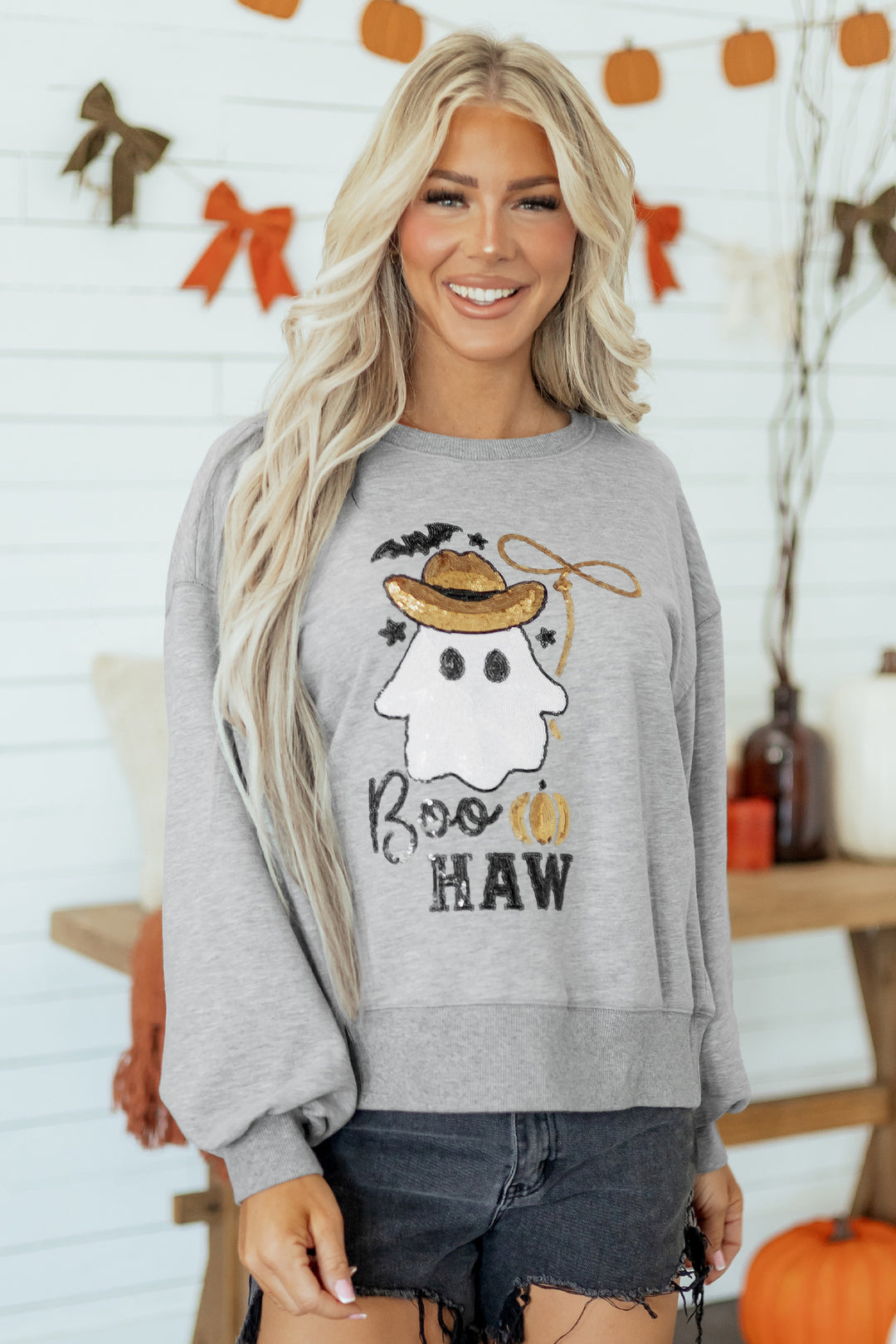 Medium Grey Sequin Western Ghost Print Sweatshirt