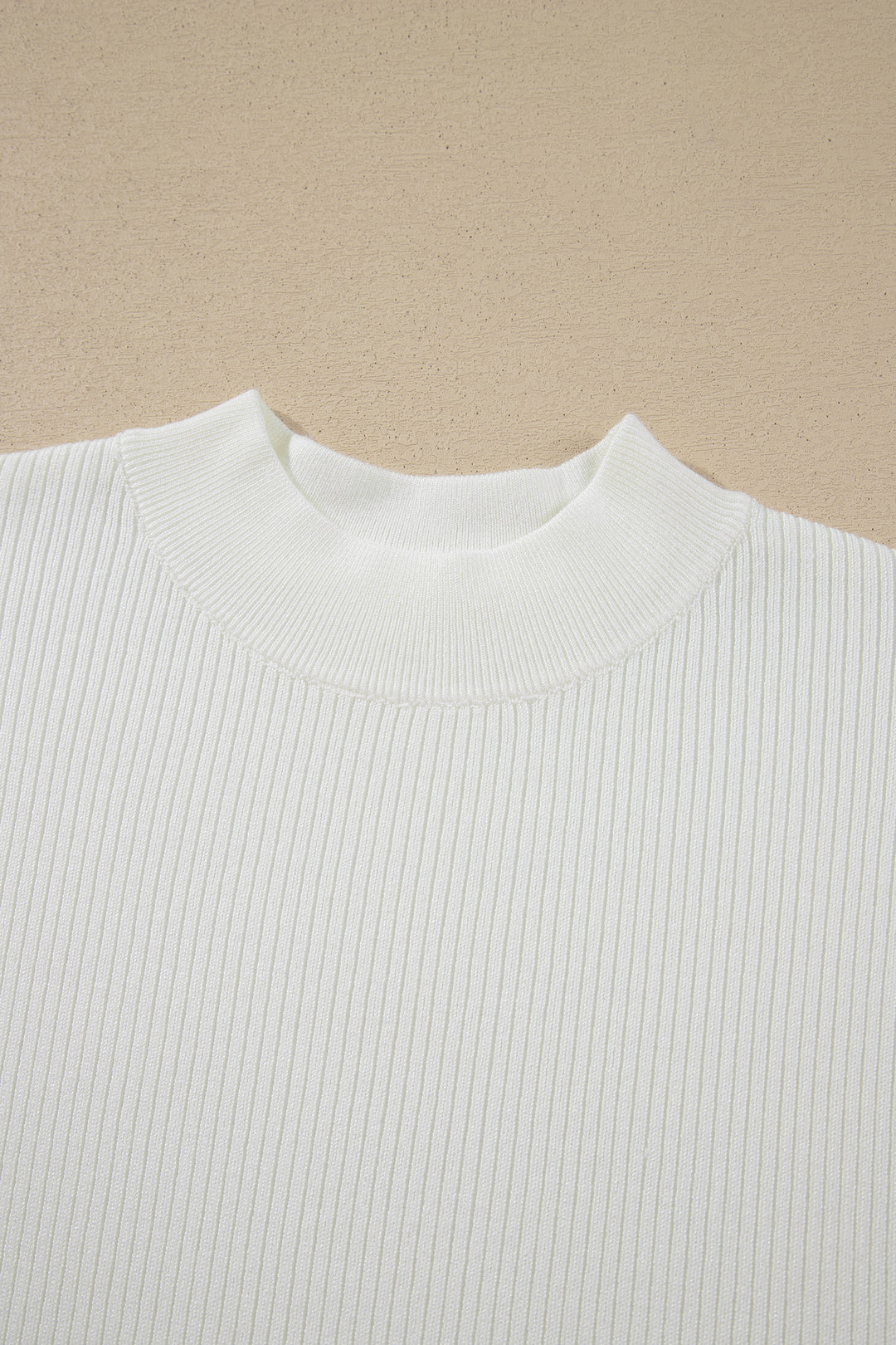 White Solid Color Ribbed Knit Mock Neck Loose Short Sleeve Sweater