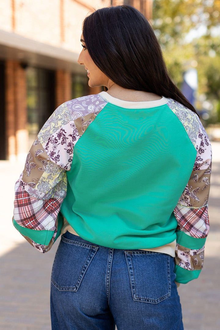 Plaid Vintage Paisley Patchwork Long Sleeve Raglan Top