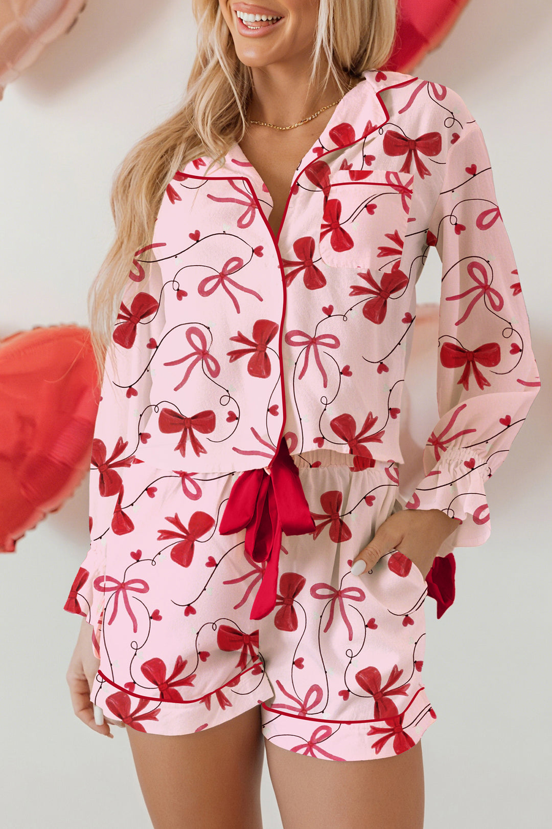 Red Bow Print Valentine Long Sleeve Shirt Shorts 2 Pcs Pajama Set