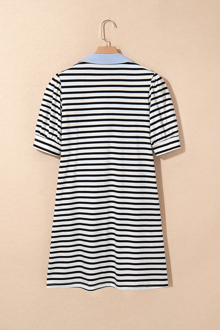 contrast v neck collared puff sleeve t shirt mini dress with pockets