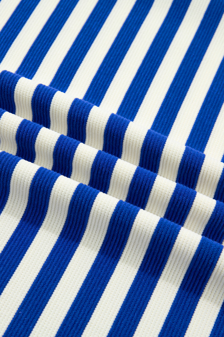Blue Stripe Contrast Trim Polo Collar Ruffled Short Sleeve Blouse
