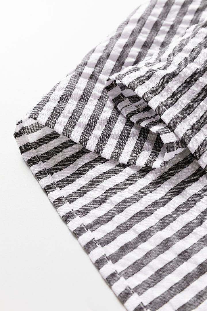Dark Grey Striped Print Contrast Patchwork Detail Split Neck Blouse