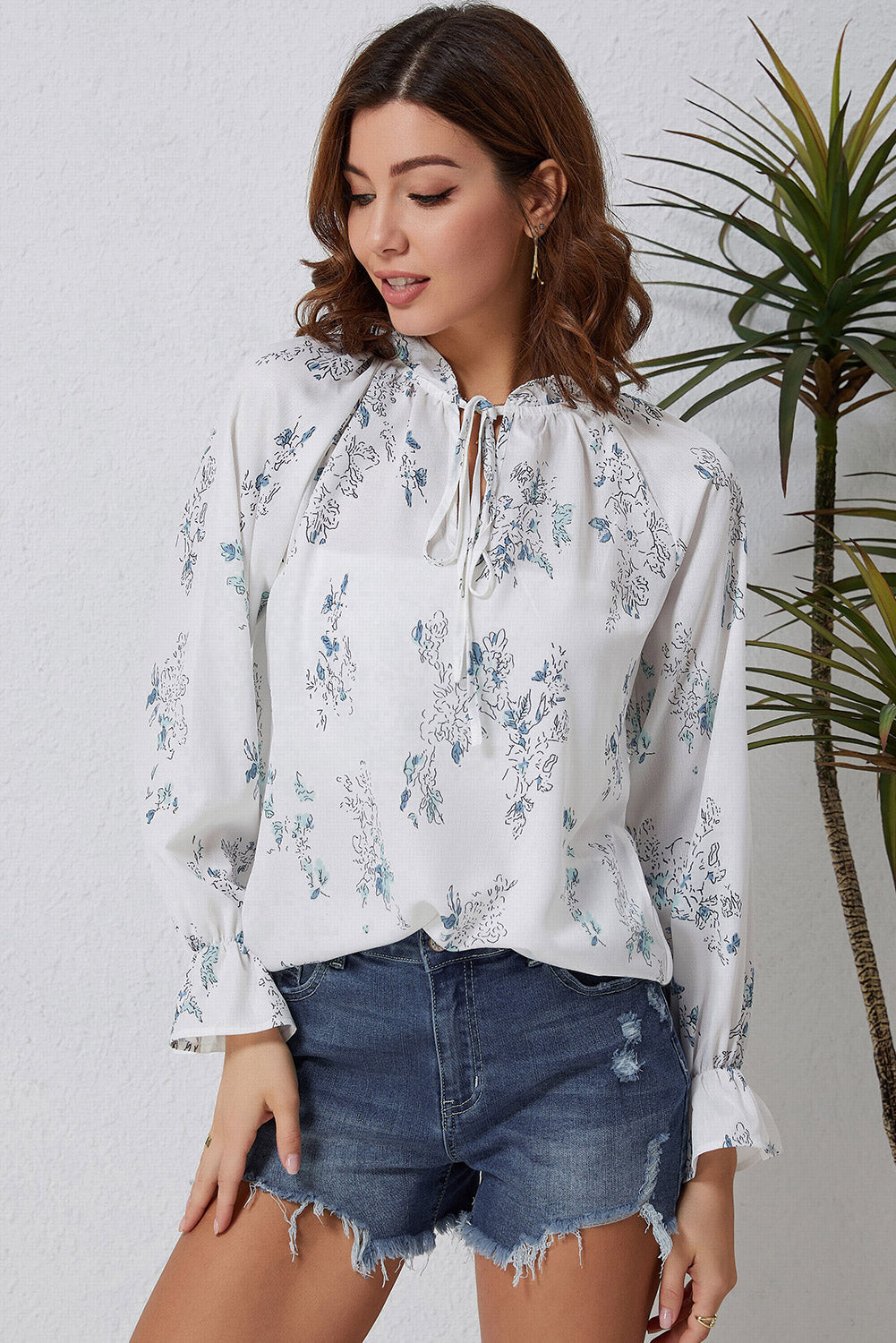 White Floral Tie Neck Long Sleeve Crinkle Blouse