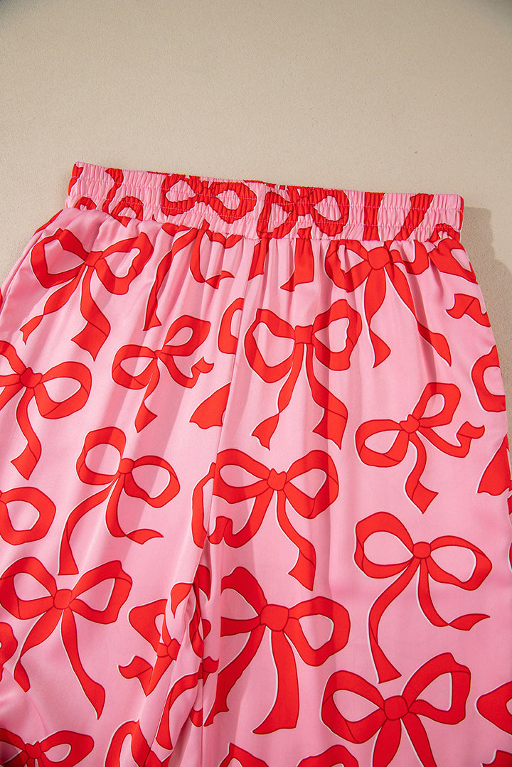 2pcs bow print shirt style long sleeve pajama set