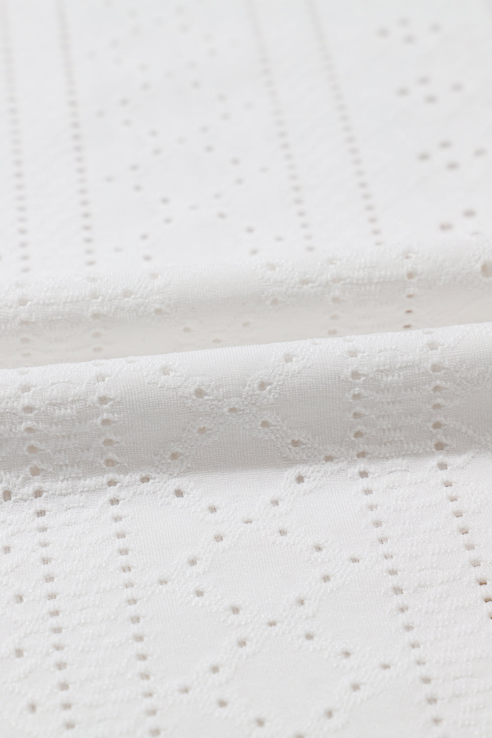 White Solid Color Eyelet Jacquard Cuffed Short Sleeve Top