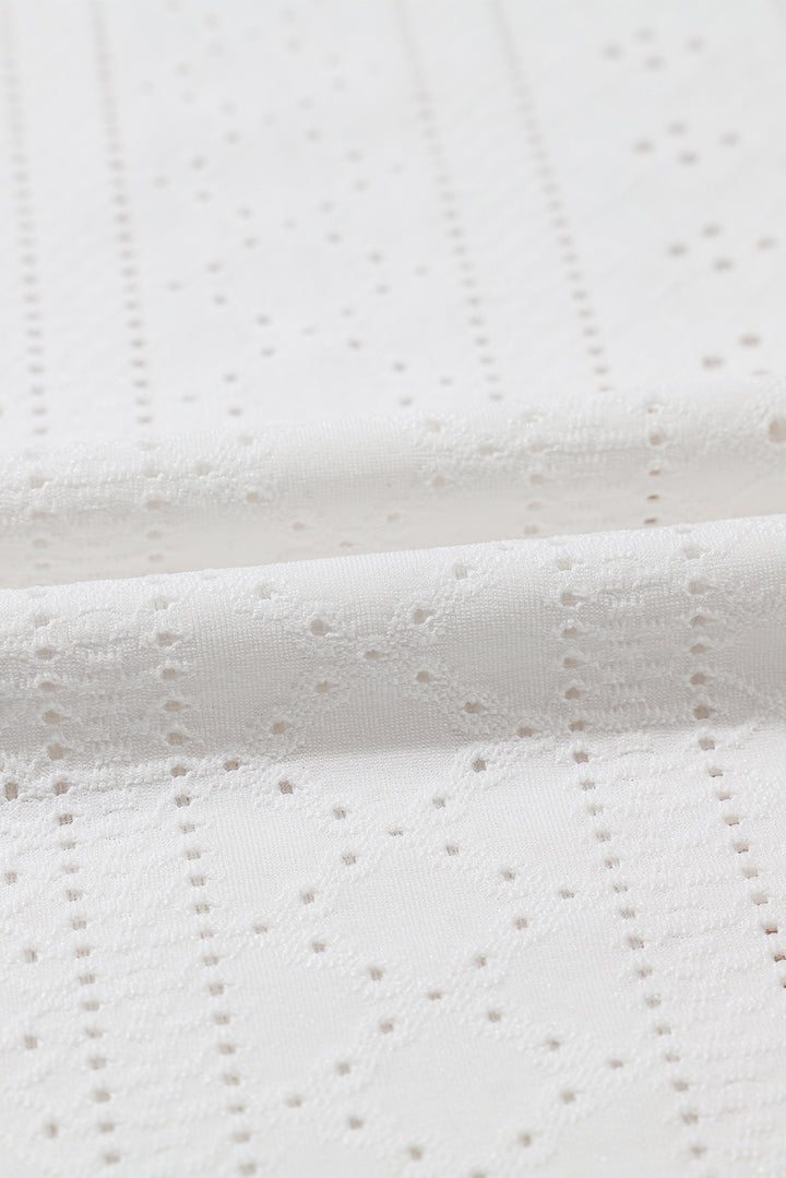 White Solid Color Eyelet Jacquard Cuffed Short Sleeve Top